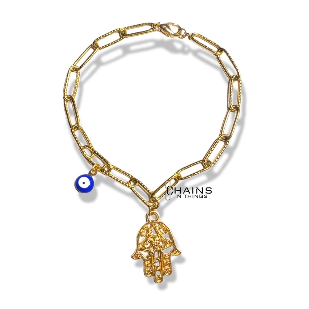 Hand & Blue Eye Bracelet paperclip gold plate chain 6.5" Stainless steel fashion